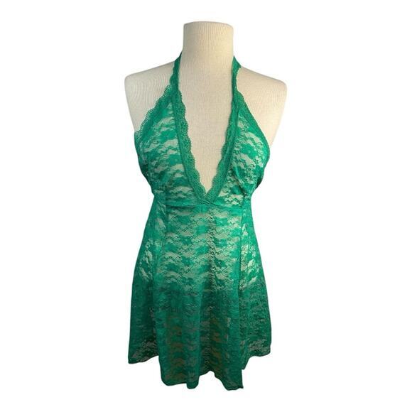 Frederick’s of Hollywood Halter 2 Piece Lace Teddy‎ Thong Set Margherita Green M - Picture 1 of 6
